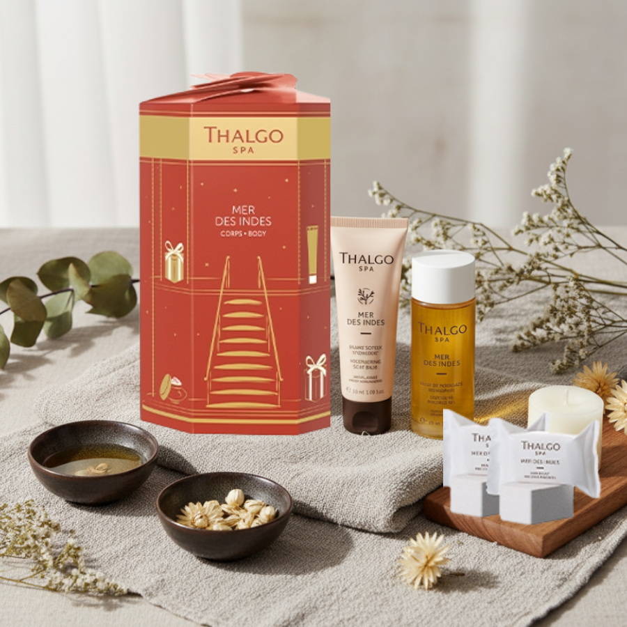 Box Corps Mer des Indes Thalgo - Baume Soyeux Hydratant (50ml), Huile de Modelage (50ml) & 2 Bain de Lait