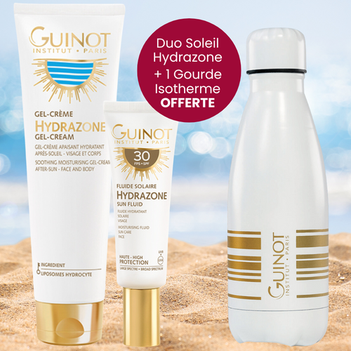 Duo Solaire Guinot Hydrazone : Fluide Solaire SPF30 50ml & Gel-Crème Après-Soleil Visage&Corps 150ml + 1 Gourde Dorée OFFERTE