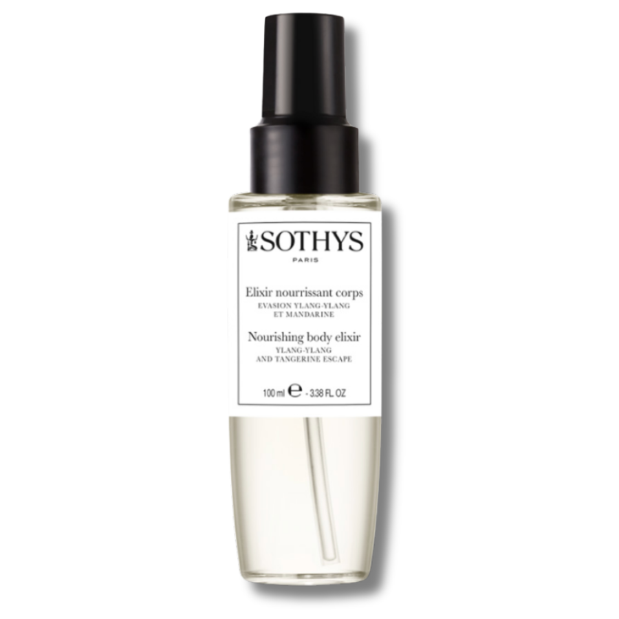 Elixir Nourrissant pour le corps de la marque Sothys, senteur Évasion Ylang-Ylang et Mandarine. Flacon-pompe 100ml.