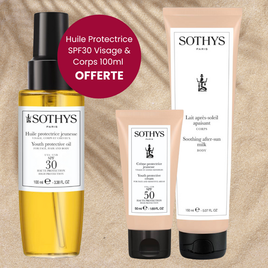 Trio Solaire Sothys - Crème Protectrice Jeunesse SPF50 Visage & Zones Sensibles + Lait Après-Soleil Apaisant Corps + Huile Protectrice Visage & Corps SPF30 OFFERTE